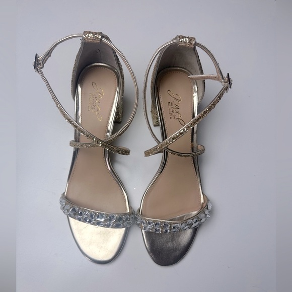 Jewel Badgley Mischka Gold Glittery Faux Jeweled Claudia Block Heeled Sandal 10 - Picture 5 of 16